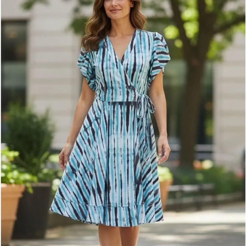 Diane Von Furstenberg Blue Tie Dye Wrap Dress SMALL Work Cotton Puff Sleeve $417 - Picture 4 of 11